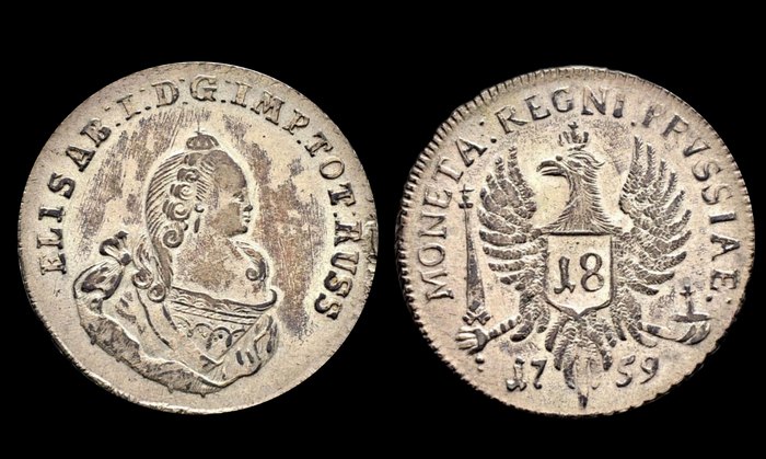 Монета 18 грошен Елизавета Петровна, 1759 г. Пруссия