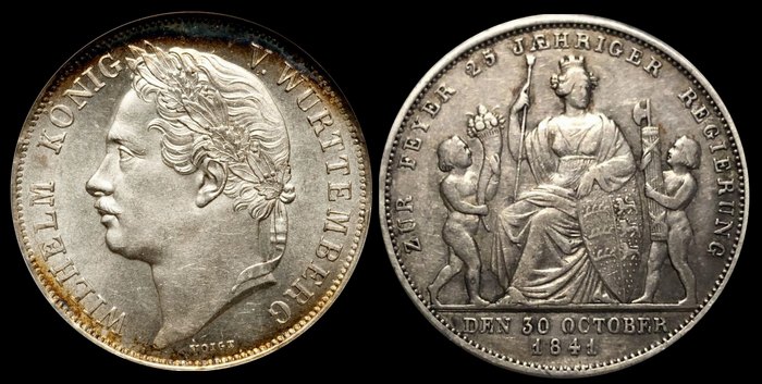 1 гульден 1841 г.,  королевство Вюртемберг, 25 лет правлению Короля Вильгельма I, Германия
