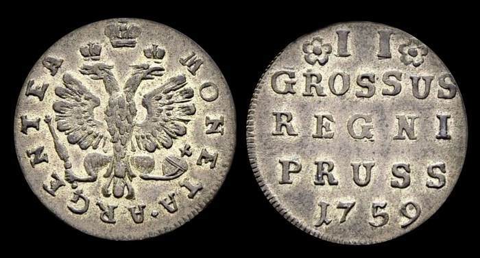 Монета 2 грошена Елизавета Петровна, 1759 г. Пруссия