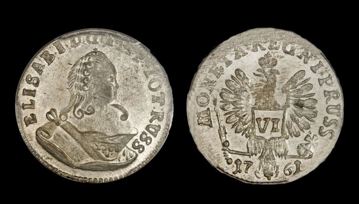 Монета 6 грошен Елизавета Петровна, 1761 г. Пруссия