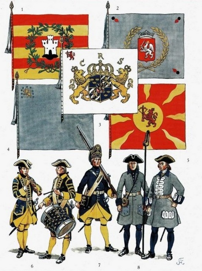 Флаги и форма шведских полков армии Карла XII