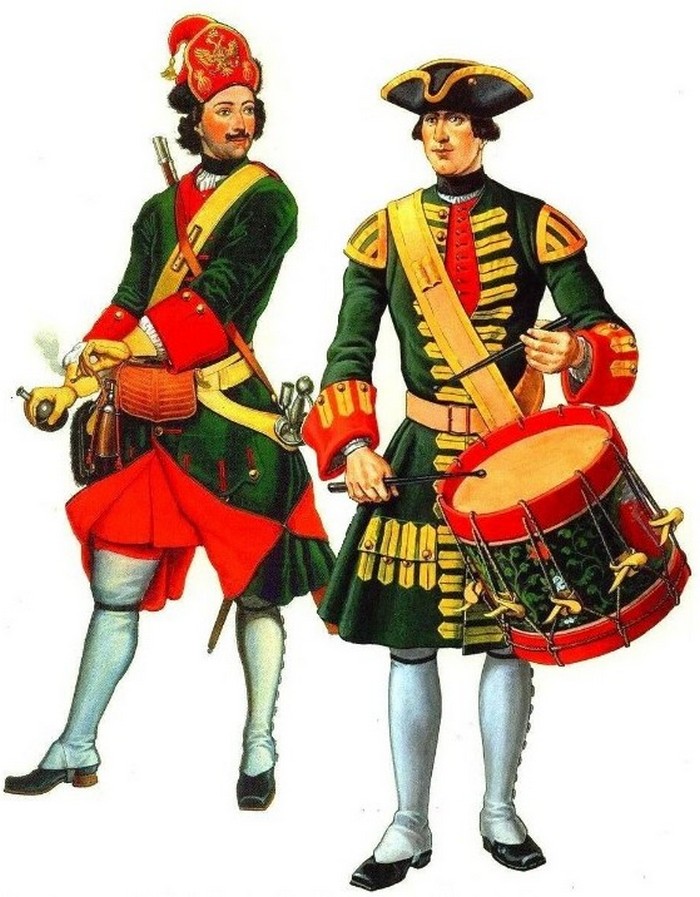 Гренадер и барабанщик лейб-гвардии Преображенского полка 1708-1709 гг., форма
