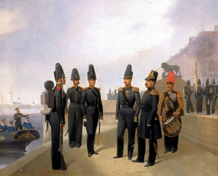 Моряки-гвардейцы на набережной Невы у Зимнего дворца, Adolph Jebens, 1853 г.