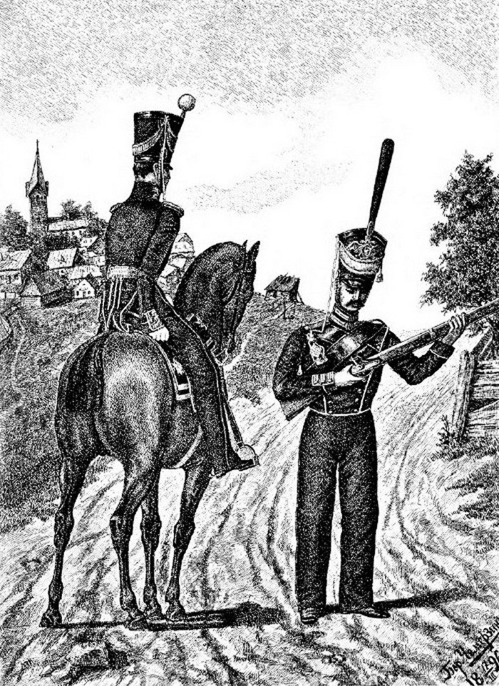 Обер-офицер и рядовой лейб-гвардии Егерского полка 1826-1828 гг., форма