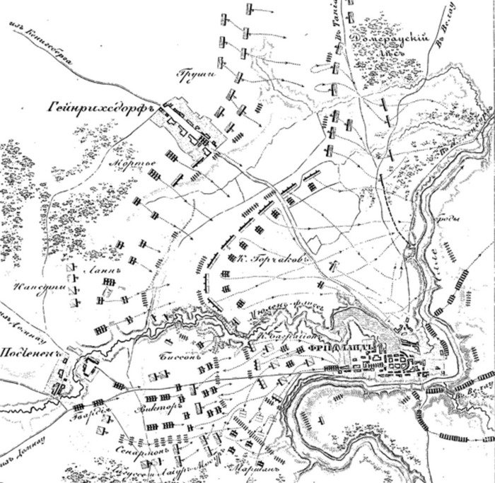 Фридландское сражение, крах левого фланга русской армии, карта