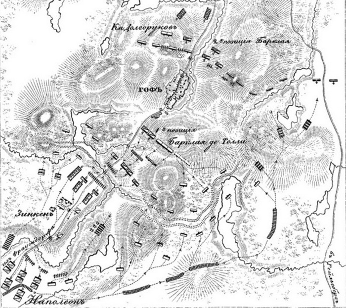 Война с Наполеоном 1807 г., бои отряда Барклая-де-Толли у селения Гоф накануне сражения при Прейсиш-Эйлау, карта