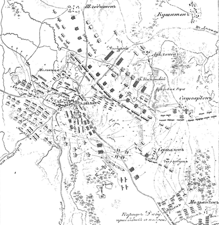 Расположение русской и французской армий к началу сражения при Прейсиш-Эйлау 27 января 1807 г., карта