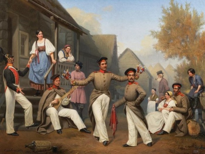 Преображенцы пляшут под балалайку, Adolph Jebens, 1851 г.