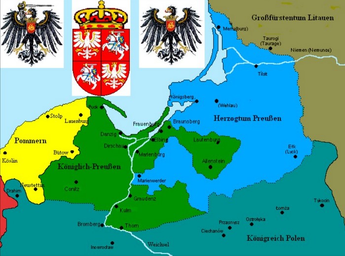 Герцогство Пруссия и Королевская (польская) Пруссия на карте 1525 г., Польша и Германия