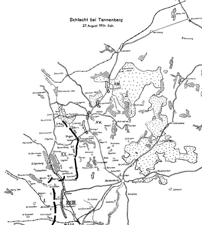 Танненбергская битва, 27 августа 1914 г. карта, Первая Мировая война
