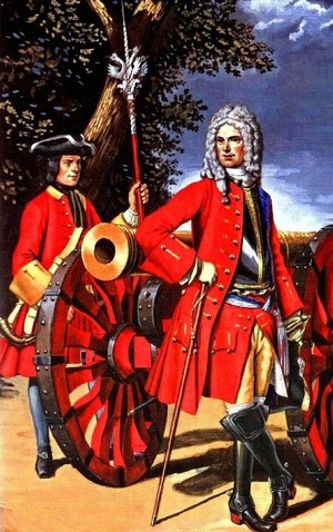 Канонир и обер-офицер Артиллерийского полка 1708-1709 гг. форма, мундир
