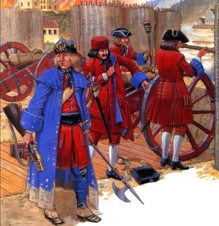 Канонир, бомбардир и обер-офицер Артиллерийского полка 1710 г. форма, мундир