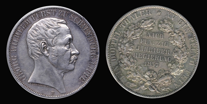 2 Талера 1857 г., союзный талер, Шаумбург Липе, Георг Вильгельм 50 лет правления