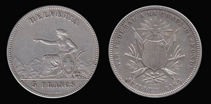 5 франков 1863 г. Ла Шо-де-Фонд (кантон Невшатель), Швейцария.