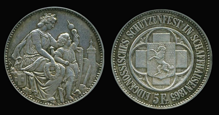  5 франков 1865 г. Шаффхаузен, Швейцария.