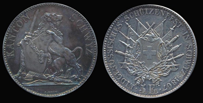 5 франков 1867 г. Швиц, Швейцария.