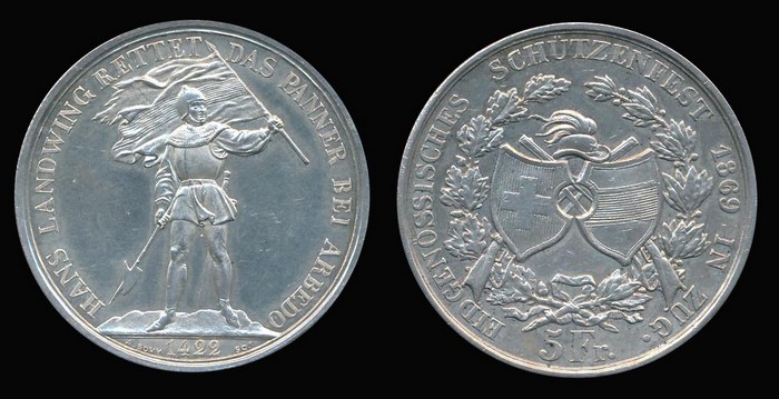 5 франков 1869 г. Цуг, Швейцария.