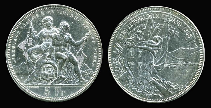 5 франков 1883 г. Лугано, Швейцария.