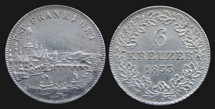 6 крейцеров Франкфурт-на-Майне 1853 г., Германия