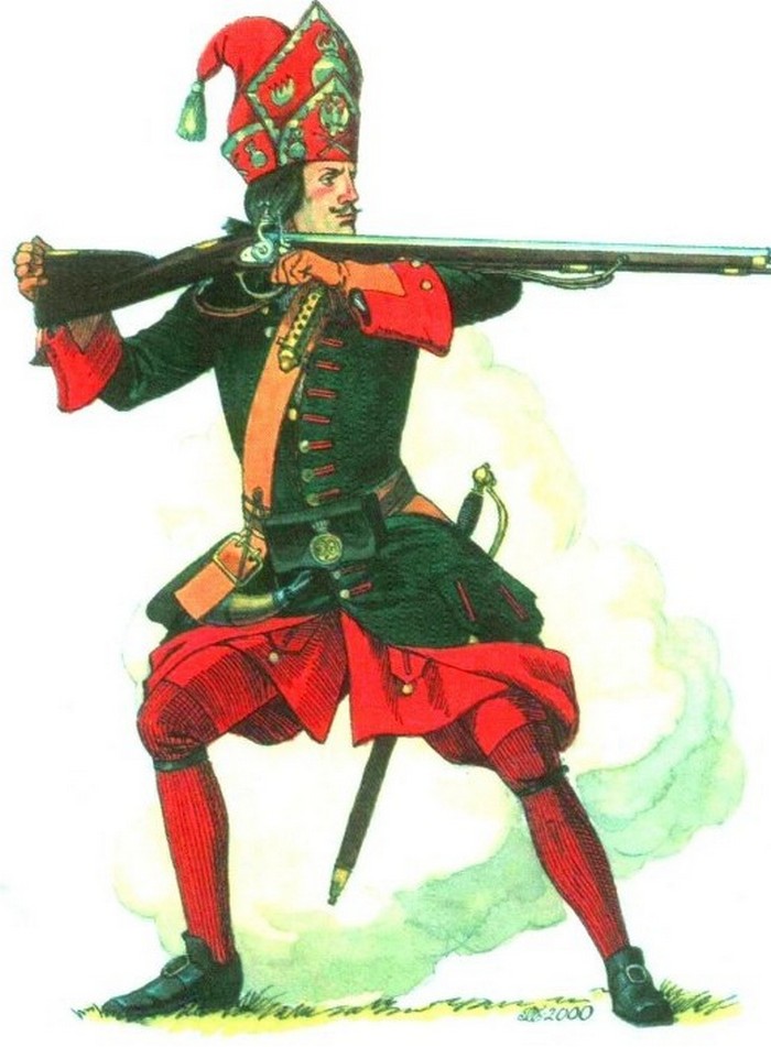Гренадер лейб-гвардии Преображенского полка 1708-1709 гг., форма