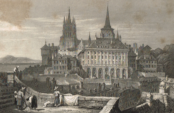 Лозанна, вид на ратушу и собор 1829 г., Швейцария