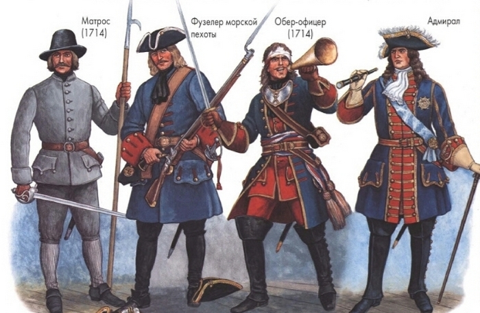 Форма (мундир) морских полков Петра Первого, матрос, фузилер морской пехоты, обер-офицер, адмирал