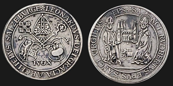 Cеребряный гульденгрош Зальцбурга архиепископа Леонарда  фон Койтшахта (Леонард V), репный талер.