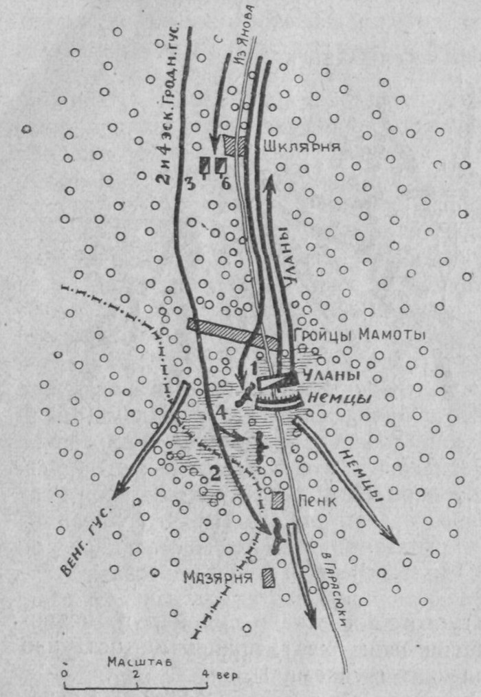 Преследование германских частей, выбитых из г. Янов, Галицийская битва 1914 г., карта