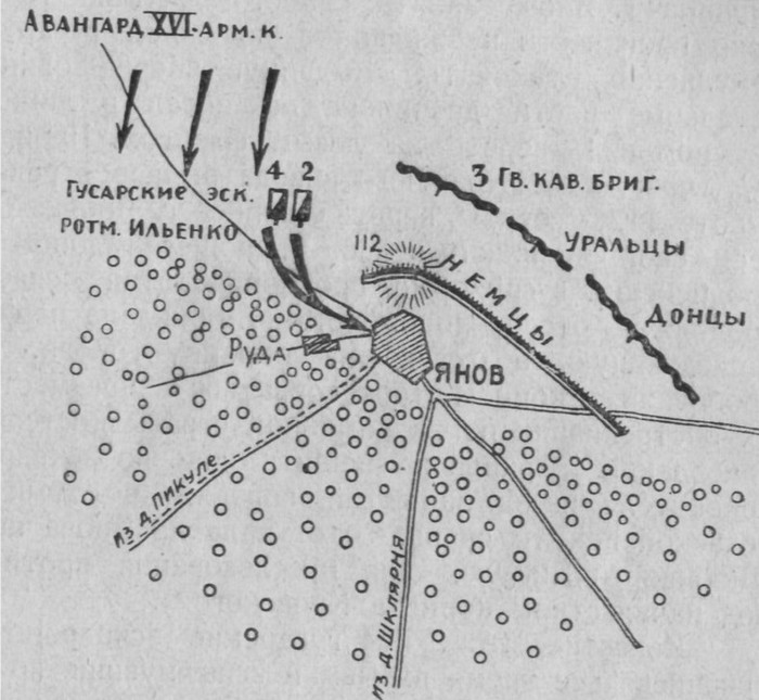Гродненский гусарский полк и части 3-й Гвардейской кавалерийской бригады, атака г. Янов, Галицийская битва 1914 г., карта